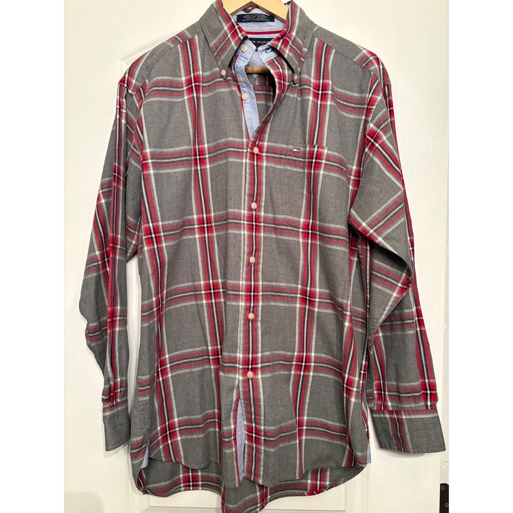 Tommy Hilfiger Mens Grey Red Plaid Long Sleeve Button Down Shirt Size M